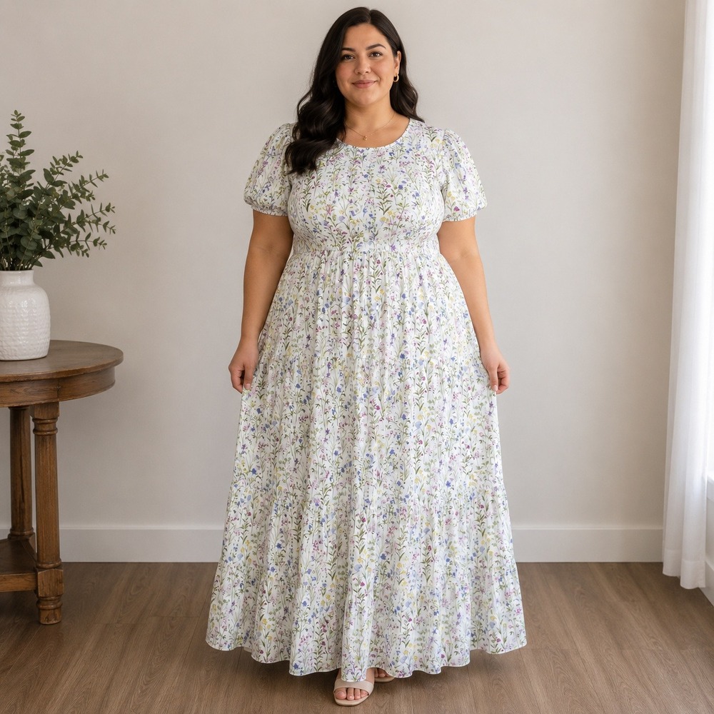 Jo West Women XXL White Floral Wildflower Butterfly Puff Sleeve Maxi Dress